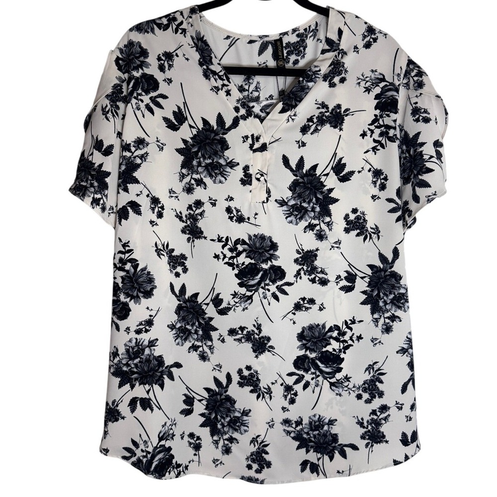 Floral Print V-Neck Womens Tunic Blouse 3XL Petal Sleeves Flowing Cottagecore‎
